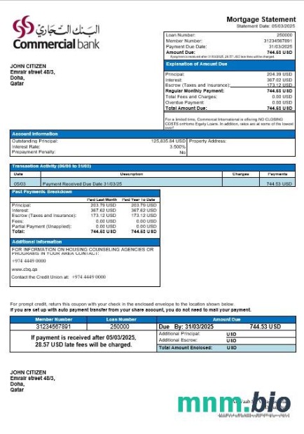 Katar Bank Handlowy wyciąg z kredytu hipotecznego w formatach Word i PDF